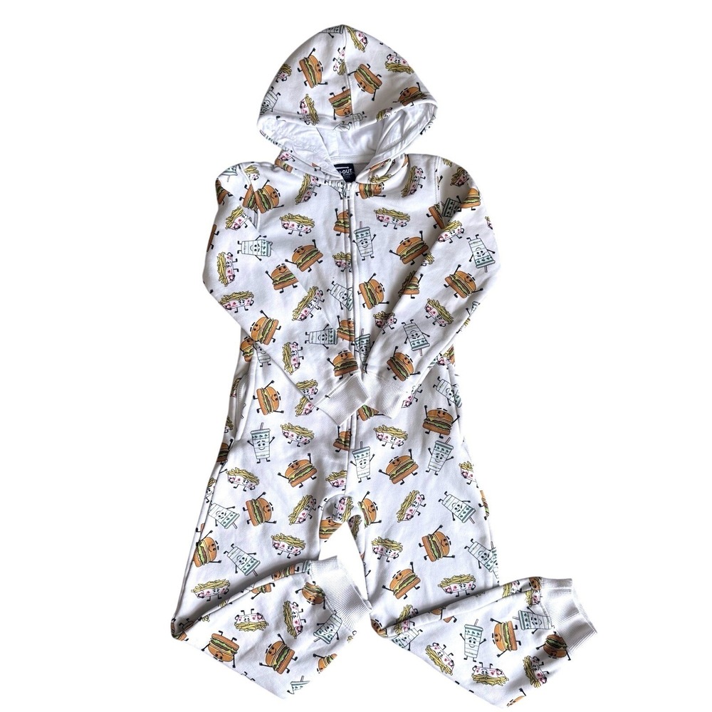In-N-Out Burger Pajamas Jumpsuit Hooded Kids XS Small White Full Zip Burger READ